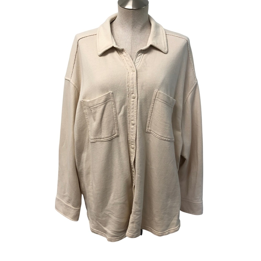 Aerie Lumberjane Fleece Womens Shirt Large Beige Button Up Long Sleeve Oversized